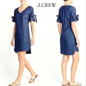 J.CREW Chambray Dress Denim Tie Bell Sleeve Dark Blue V Neck Summer Sz XXS